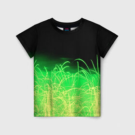 Детская футболка 3D с принтом Зеленые искры в Санкт-Петербурге, 100% гипоаллергенный полиэфир | прямой крой, круглый вырез горловины, длина до линии бедер, чуть спущенное плечо, ткань немного тянется | 3d | абстракция | брызги | зеленый | искры | линии | полосы | прикольные | салют | свет | узоры | яркие