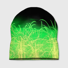 Шапка 3D с принтом Зеленые искры в Санкт-Петербурге, 100% полиэстер | универсальный размер, печать по всей поверхности изделия | 3d | абстракция | брызги | зеленый | искры | линии | полосы | прикольные | салют | свет | узоры | яркие