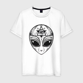 Мужская футболка хлопок с принтом Инопланетянин в Санкт-Петербурге, 100% хлопок | прямой крой, круглый вырез горловины, длина до линии бедер, слегка спущенное плечо. | 