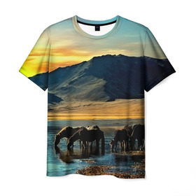 Мужская футболка 3D с принтом Лошади в Санкт-Петербурге, 100% полиэфир | прямой крой, круглый вырез горловины, длина до линии бедер | 3d | берег | вода | горы | животное | закат | лошади | небо | прикольные | природа | река | солнце | яркие