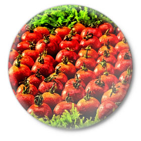Значок с принтом Томатик в Санкт-Петербурге,  металл | круглая форма, металлическая застежка в виде булавки | Тематика изображения на принте: 3d | еда | зелень | красный | лето | много | овощи | пища | помидор | прикольные | томат | яркие