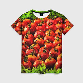 Женская футболка 3D с принтом Томатик в Санкт-Петербурге, 100% полиэфир ( синтетическое хлопкоподобное полотно) | прямой крой, круглый вырез горловины, длина до линии бедер | 3d | еда | зелень | красный | лето | много | овощи | пища | помидор | прикольные | томат | яркие