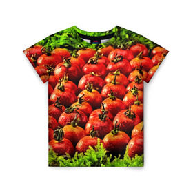 Детская футболка 3D с принтом Томатик в Санкт-Петербурге, 100% гипоаллергенный полиэфир | прямой крой, круглый вырез горловины, длина до линии бедер, чуть спущенное плечо, ткань немного тянется | 3d | еда | зелень | красный | лето | много | овощи | пища | помидор | прикольные | томат | яркие