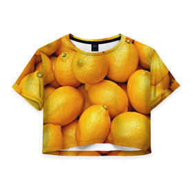 Женская футболка 3D укороченная с принтом Лимончики в Санкт-Петербурге, 100% полиэстер | круглая горловина, длина футболки до линии талии, рукава с отворотами | 3d | витамин | еда | желтый | лето | лимон | много | пища | прикольные | сочные | фрукты | цитрус | яркие