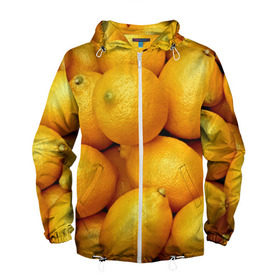 Мужская ветровка 3D с принтом Лимончики в Санкт-Петербурге, 100% полиэстер | подол и капюшон оформлены резинкой с фиксаторами, два кармана без застежек по бокам, один потайной карман на груди | 3d | витамин | еда | желтый | лето | лимон | много | пища | прикольные | сочные | фрукты | цитрус | яркие