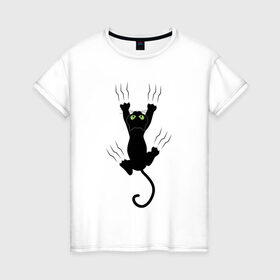 Женская футболка хлопок с принтом Кошка карабкается в Санкт-Петербурге, 100% хлопок | прямой крой, круглый вырез горловины, длина до линии бедер, слегка спущенное плечо | cat | арт | домашний питомец | когти | кот | кошка | прикольные | царапины