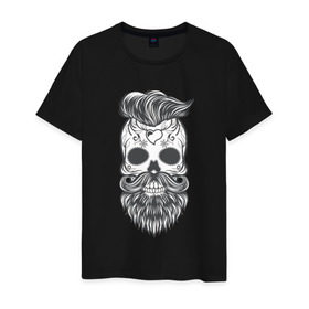 Мужская футболка хлопок с принтом Бородатый череп в Санкт-Петербурге, 100% хлопок | прямой крой, круглый вырез горловины, длина до линии бедер, слегка спущенное плечо. | арт | борода | мертвец | прикольные | скелет | усы | череп