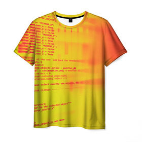 Мужская футболка 3D с принтом Компьютерный код в Санкт-Петербурге, 100% полиэфир | прямой крой, круглый вырез горловины, длина до линии бедер | желтый | кибер | код | оранжевый | прога