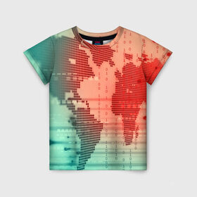 Детская футболка 3D с принтом Цифровой мир в Санкт-Петербурге, 100% гипоаллергенный полиэфир | прямой крой, круглый вырез горловины, длина до линии бедер, чуть спущенное плечо, ткань немного тянется | зеленый | карта | кибер | красный