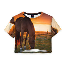 Женская футболка 3D укороченная с принтом Лошадь на закате в Санкт-Петербурге, 100% полиэстер | круглая горловина, длина футболки до линии талии, рукава с отворотами | вожжи | голоп | грация | езда | есаул | жеребец | животное | кобыла | кобылица | конь | копыта | копыто | лошадь | пегас | пони | рысак | сбруя | скакун | скачет | скачка | стойло | троя