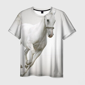 Мужская футболка 3D с принтом Белый конь в Санкт-Петербурге, 100% полиэфир | прямой крой, круглый вырез горловины, длина до линии бедер | Тематика изображения на принте:  скачет | вожжи | голоп | грация | езда | есаул | жеребец | животное | кобыла | кобылица | конь | копыта | копыто | лошадь | пегас | пони | рысак | сбруя | скакун | скачка | стойло | троя