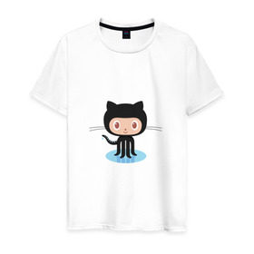 Мужская футболка хлопок с принтом github cat в Санкт-Петербурге, 100% хлопок | прямой крой, круглый вырез горловины, длина до линии бедер, слегка спущенное плечо. | Тематика изображения на принте: cat | github
