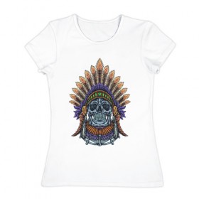 Женская футболка хлопок с принтом Индеец в Санкт-Петербурге, 100% хлопок | прямой крой, круглый вырез горловины, длина до линии бедер, слегка спущенное плечо | ацтек | вождь | индеец | майя | монстр | мумия | рога | скелет | череп