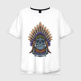 Мужская футболка хлопок Oversize с принтом Индеец в Санкт-Петербурге, 100% хлопок | свободный крой, круглый ворот, “спинка” длиннее передней части | ацтек | вождь | индеец | майя | монстр | мумия | рога | скелет | череп