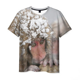 Мужская футболка 3D с принтом Обезьянка и зима в Санкт-Петербурге, 100% полиэфир | прямой крой, круглый вырез горловины, длина до линии бедер | бабуин | гамадрил | гиббон | горилла | гуманоид | дарвин | животное | зоопарк | кинг конг | мартышка | маугли | обезьяна | орангутанг | предок | примат | рожа | хомо сапиенс | шимпанзе