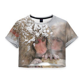 Женская футболка 3D укороченная с принтом Обезьянка и зима в Санкт-Петербурге, 100% полиэстер | круглая горловина, длина футболки до линии талии, рукава с отворотами | бабуин | гамадрил | гиббон | горилла | гуманоид | дарвин | животное | зоопарк | кинг конг | мартышка | маугли | обезьяна | орангутанг | предок | примат | рожа | хомо сапиенс | шимпанзе