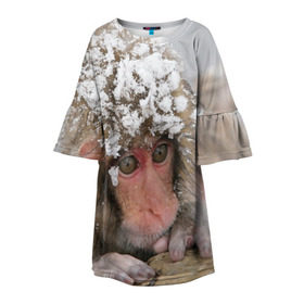 Детское платье 3D с принтом Обезьянка и зима в Санкт-Петербурге, 100% полиэстер | прямой силуэт, чуть расширенный к низу. Круглая горловина, на рукавах — воланы | Тематика изображения на принте: бабуин | гамадрил | гиббон | горилла | гуманоид | дарвин | животное | зоопарк | кинг конг | мартышка | маугли | обезьяна | орангутанг | предок | примат | рожа | хомо сапиенс | шимпанзе