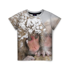 Детская футболка 3D с принтом Обезьянка и зима в Санкт-Петербурге, 100% гипоаллергенный полиэфир | прямой крой, круглый вырез горловины, длина до линии бедер, чуть спущенное плечо, ткань немного тянется | бабуин | гамадрил | гиббон | горилла | гуманоид | дарвин | животное | зоопарк | кинг конг | мартышка | маугли | обезьяна | орангутанг | предок | примат | рожа | хомо сапиенс | шимпанзе