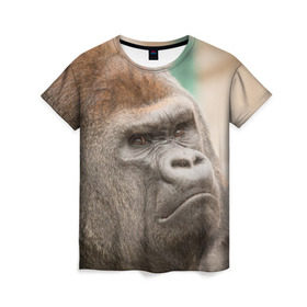 Женская футболка 3D с принтом Обезьяна в Санкт-Петербурге, 100% полиэфир ( синтетическое хлопкоподобное полотно) | прямой крой, круглый вырез горловины, длина до линии бедер | горилла | животное | обезьяна | примат