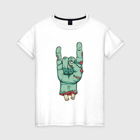 Женская футболка хлопок с принтом Зомби рок в Санкт-Петербурге, 100% хлопок | прямой крой, круглый вырез горловины, длина до линии бедер, слегка спущенное плечо | зомби | кисть | кости | рок | рука