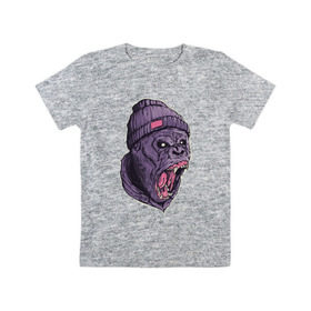 Детская футболка хлопок с принтом Злая горилла в Санкт-Петербурге, 100% хлопок | круглый вырез горловины, полуприлегающий силуэт, длина до линии бедер | Тематика изображения на принте: арт | взгляд | гипноз | гнев | горилла | животные | зубы | кинг конг | клыки | обезьяна | пасть | шапка