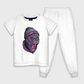 Детская пижама хлопок с принтом Злая горилла в Санкт-Петербурге, 100% хлопок |  брюки и футболка прямого кроя, без карманов, на брюках мягкая резинка на поясе и по низу штанин
 | Тематика изображения на принте: арт | взгляд | гипноз | гнев | горилла | животные | зубы | кинг конг | клыки | обезьяна | пасть | шапка