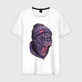 Мужская футболка хлопок с принтом Злая горилла в Санкт-Петербурге, 100% хлопок | прямой крой, круглый вырез горловины, длина до линии бедер, слегка спущенное плечо. | арт | взгляд | гипноз | гнев | горилла | животные | зубы | кинг конг | клыки | обезьяна | пасть | шапка