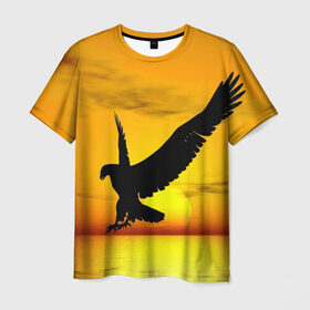 Мужская футболка 3D с принтом Орел на закате в Санкт-Петербурге, 100% полиэфир | прямой крой, круглый вырез горловины, длина до линии бедер | беркут | большой | горный | грифон | клюв | коготь | кондор | коршун | крылья | огромный | орел | орлан | перья | полет | птица | размах крыла | сокол | степной | хищник | ястреб