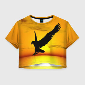 Женская футболка 3D укороченная с принтом Орел на закате в Санкт-Петербурге, 100% полиэстер | круглая горловина, длина футболки до линии талии, рукава с отворотами | беркут | большой | горный | грифон | клюв | коготь | кондор | коршун | крылья | огромный | орел | орлан | перья | полет | птица | размах крыла | сокол | степной | хищник | ястреб