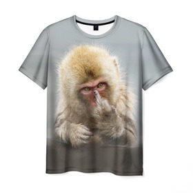 Мужская футболка 3D с принтом Японская макака в Санкт-Петербурге, 100% полиэфир | прямой крой, круглый вырез горловины, длина до линии бедер | макак | мартышка | обезьяна | палец | япония
