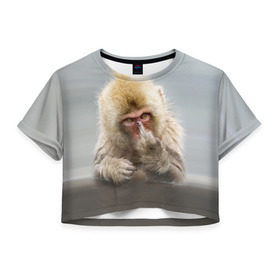 Женская футболка 3D укороченная с принтом Японская макака в Санкт-Петербурге, 100% полиэстер | круглая горловина, длина футболки до линии талии, рукава с отворотами | макак | мартышка | обезьяна | палец | япония