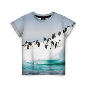 Детская футболка 3D с принтом Пингвины на айсберге в Санкт-Петербурге, 100% гипоаллергенный полиэфир | прямой крой, круглый вырез горловины, длина до линии бедер, чуть спущенное плечо, ткань немного тянется | айсберг | антарктида | антарктика | арктика | буревестник | глупый | императорский | клюв | королевский | крылья | ласты | лёд | линукс | океан | пилигрим | полюс | птица | север | снег | умка | фрак