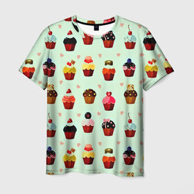 Мужская футболка 3D с принтом Кексики в Санкт-Петербурге, 100% полиэфир | прямой крой, круглый вырез горловины, длина до линии бедер | десерт | другие | еда | кекс | красивые | много | пирожное | прикольные | разные | сладкое | сладости | текстуры | узор | цветные | яркие