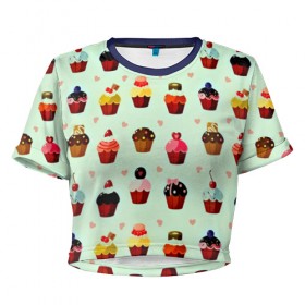 Женская футболка 3D укороченная с принтом Кексики в Санкт-Петербурге, 100% полиэстер | круглая горловина, длина футболки до линии талии, рукава с отворотами | десерт | другие | еда | кекс | красивые | много | пирожное | прикольные | разные | сладкое | сладости | текстуры | узор | цветные | яркие