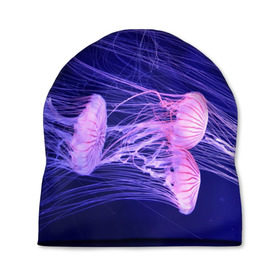 Шапка 3D с принтом Розовые медузы в Санкт-Петербурге, 100% полиэстер | универсальный размер, печать по всей поверхности изделия | аквариум | вода | дайвинг | милые | море | океан | плывет | подводный мир | рыбалка | рыбка | рыбы | стая | фауна