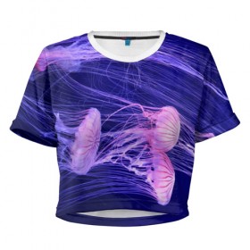 Женская футболка 3D укороченная с принтом Розовые медузы в Санкт-Петербурге, 100% полиэстер | круглая горловина, длина футболки до линии талии, рукава с отворотами | аквариум | вода | дайвинг | милые | море | океан | плывет | подводный мир | рыбалка | рыбка | рыбы | стая | фауна