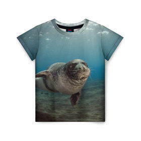 Детская футболка 3D с принтом Тюлень под водой в Санкт-Петербурге, 100% гипоаллергенный полиэфир | прямой крой, круглый вырез горловины, длина до линии бедер, чуть спущенное плечо, ткань немного тянется | Тематика изображения на принте: вода | дайвинг | жирный | косяк | красивые | милые | море | морская | морской котик | океан | плывет | подводный мир | прикольные | речная | рыба | рыбалка | стая | тюлень | усатый кот | фауна | чешуя