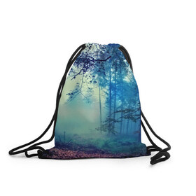 Рюкзак-мешок 3D с принтом Лес в Санкт-Петербурге, 100% полиэстер | плотность ткани — 200 г/м2, размер — 35 х 45 см; лямки — толстые шнурки, застежка на шнуровке, без карманов и подкладки | 3d | деревья | лес | пейзаж | природа | роща | туман