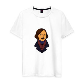 Мужская футболка хлопок с принтом Гоголь в Санкт-Петербурге, 100% хлопок | прямой крой, круглый вырез горловины, длина до линии бедер, слегка спущенное плечо. | гоголь | драматург | критик | мертвые души | писатель