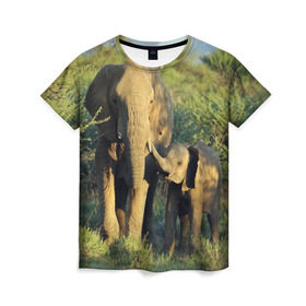 Женская футболка 3D с принтом Слониха и слоненок в природе в Санкт-Петербурге, 100% полиэфир ( синтетическое хлопкоподобное полотно) | прямой крой, круглый вырез горловины, длина до линии бедер | африка | африканский | бивни | большой | гигант джунгли | зоопарк | индийский | индия | лесной великан | мамонт | огромный | саванна | сафари | серый | слон | слоненок | слониха | стадо | уши | хобот