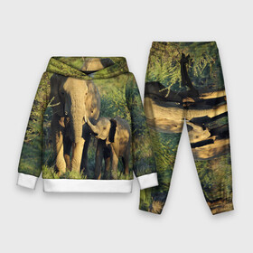 Детский костюм 3D (с толстовкой) с принтом Слониха и слоненок в природе в Санкт-Петербурге,  |  | африка | африканский | бивни | большой | гигант джунгли | зоопарк | индийский | индия | лесной великан | мамонт | огромный | саванна | сафари | серый | слон | слоненок | слониха | стадо | уши | хобот