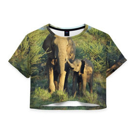 Женская футболка 3D укороченная с принтом Слониха и слоненок в природе в Санкт-Петербурге, 100% полиэстер | круглая горловина, длина футболки до линии талии, рукава с отворотами | африка | африканский | бивни | большой | гигант джунгли | зоопарк | индийский | индия | лесной великан | мамонт | огромный | саванна | сафари | серый | слон | слоненок | слониха | стадо | уши | хобот