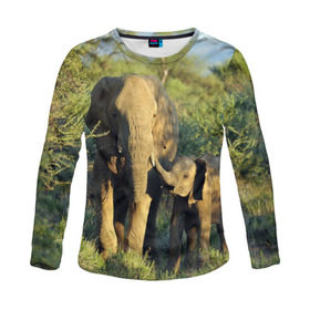 Женский лонгслив 3D с принтом Слониха и слоненок в природе в Санкт-Петербурге, 100% полиэстер | длинные рукава, круглый вырез горловины, полуприлегающий силуэт | африка | африканский | бивни | большой | гигант джунгли | зоопарк | индийский | индия | лесной великан | мамонт | огромный | саванна | сафари | серый | слон | слоненок | слониха | стадо | уши | хобот