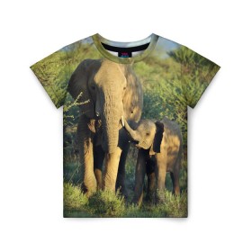 Детская футболка 3D с принтом Слониха и слоненок в природе в Санкт-Петербурге, 100% гипоаллергенный полиэфир | прямой крой, круглый вырез горловины, длина до линии бедер, чуть спущенное плечо, ткань немного тянется | африка | африканский | бивни | большой | гигант джунгли | зоопарк | индийский | индия | лесной великан | мамонт | огромный | саванна | сафари | серый | слон | слоненок | слониха | стадо | уши | хобот