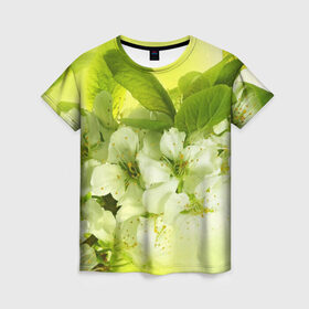 Женская футболка 3D с принтом Цветы яблони в Санкт-Петербурге, 100% полиэфир ( синтетическое хлопкоподобное полотно) | прямой крой, круглый вырез горловины, длина до линии бедер | белый | весна | дерево | зеленый | природа | растения | цветы | яблоня