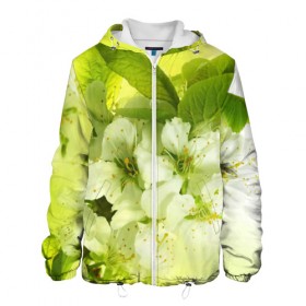 Мужская куртка 3D с принтом Цветы яблони в Санкт-Петербурге, ткань верха — 100% полиэстер, подклад — флис | прямой крой, подол и капюшон оформлены резинкой с фиксаторами, два кармана без застежек по бокам, один большой потайной карман на груди. Карман на груди застегивается на липучку | белый | весна | дерево | зеленый | природа | растения | цветы | яблоня
