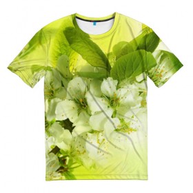 Мужская футболка 3D с принтом Цветы яблони в Санкт-Петербурге, 100% полиэфир | прямой крой, круглый вырез горловины, длина до линии бедер | белый | весна | дерево | зеленый | природа | растения | цветы | яблоня