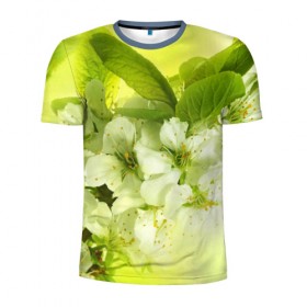 Мужская футболка 3D спортивная с принтом Цветы яблони в Санкт-Петербурге, 100% полиэстер с улучшенными характеристиками | приталенный силуэт, круглая горловина, широкие плечи, сужается к линии бедра | Тематика изображения на принте: белый | весна | дерево | зеленый | природа | растения | цветы | яблоня
