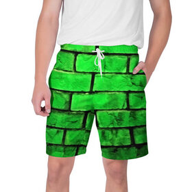 Мужские шорты 3D с принтом Зелёные кирпичики в Санкт-Петербурге,  полиэстер 100% | прямой крой, два кармана без застежек по бокам. Мягкая трикотажная резинка на поясе, внутри которой широкие завязки. Длина чуть выше колен | 3d | зелёные кирпичики | камень | краска | текстуры