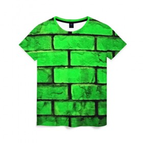 Женская футболка 3D с принтом Зелёные кирпичики в Санкт-Петербурге, 100% полиэфир ( синтетическое хлопкоподобное полотно) | прямой крой, круглый вырез горловины, длина до линии бедер | 3d | зелёные кирпичики | камень | краска | текстуры